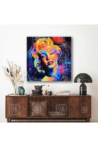 SML TABLO Graffiti Art Marliyn Monroe Brush Traces Πολύχρωμο πορτρέτο με νέον τετράγωνο καμβά