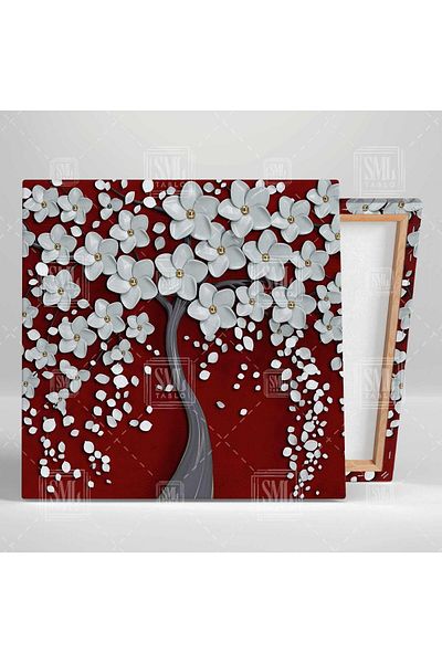 SML TABLO Pictură decorativă pătrată din pânză cu copac floral alb cu detalii aurii