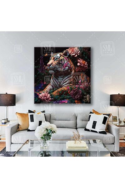 SML TABLO Tigru Nobil Animal Decor Pictură Pătrată pe Pânză în Grădina de Flori