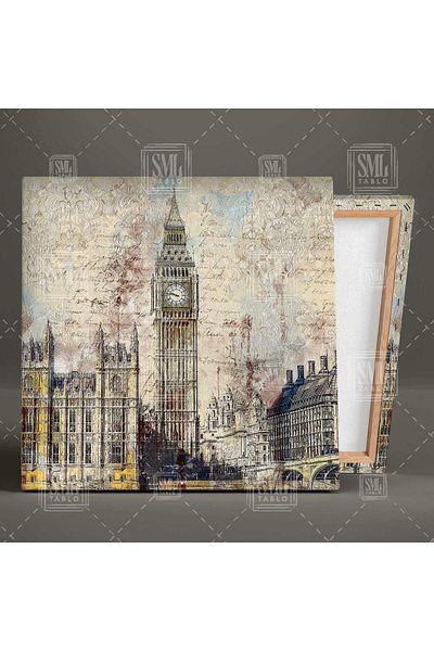 SML TABLO London Cityscape Νοσταλγικό Πίνακας Καμβά Τετράγωνο Κτίρια του Λονδίνου