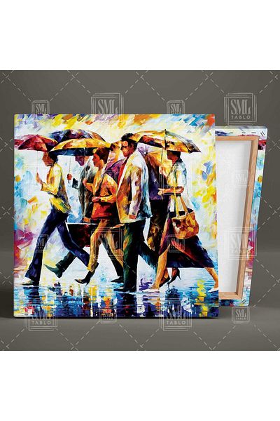 SML TABLO Oameni care împinge ploaia cu un umbrelă Brush Traces Square Canvas Painting