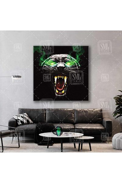 SML TABLO Charisma Panther Animal Jaguar Square Canvas Tablo cu lumină verde care se dănește prin ochii