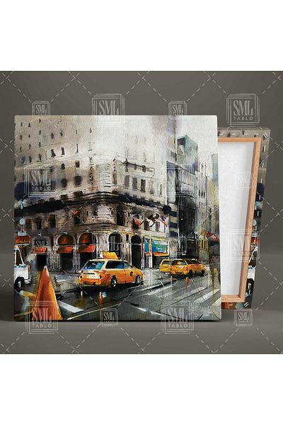 SML TABLO Taxi care trec prin stradă Street Watercolor Look Square Canvas Painting