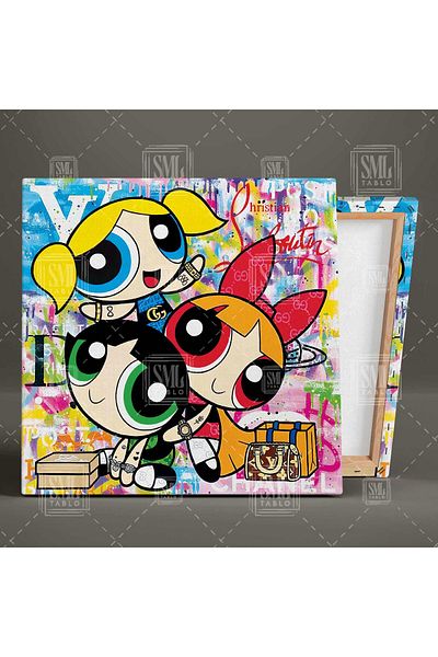 SML TABLO Power Puff Girls And Luxury Bags Τετράγωνος πίνακας σε καμβά
