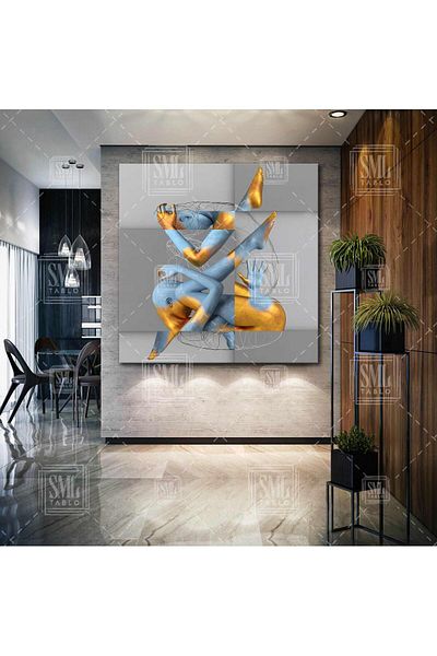 SML TABLO Kneeling Gold Blue Woman Modern Art Vertical Canvas Painting
