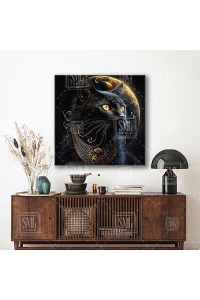 SML TABLO Τετράγωνη εκτύπωση σε καμβά Cat Gold Moon and Stars με χρυσά λεπτομερή αξεσουάρ