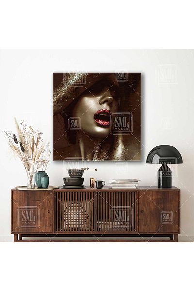 SML TABLO Ruj strălucitor roșu cu sclipici aurii Model de machiaj Pictură decorativă pătrată pe pânză