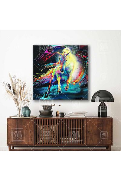 SML TABLO Cai alb care alergă cu coada colorată Culorile neon Animal nobil Pictură pe pânză pătrată