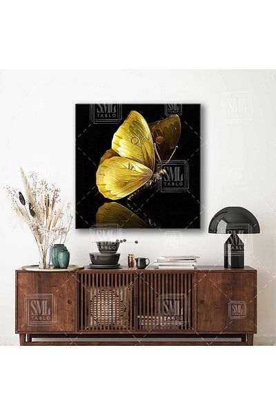 SML TABLO Imprimare pe pânză pătrată decorativă de lux Fluture de aur și reflecție