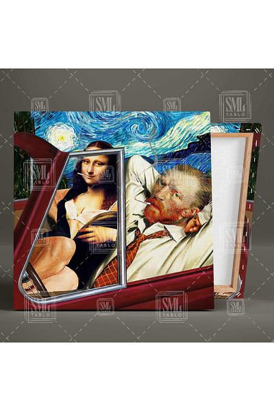 SML TABLO Vincent Van Gogh și Mona Lisa Roșu Nostalgic Car Square Canvas Print