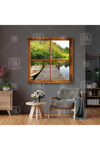 SML TABLO Fereastra din lemn cu vedere la lac Nature Nature Square Canvas Painting