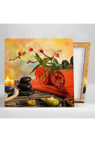 SML TABLO Zen Stones Orange Towel Orchid Candle Spa Massage Center Οριζόντια ζωγραφική σε καμβά