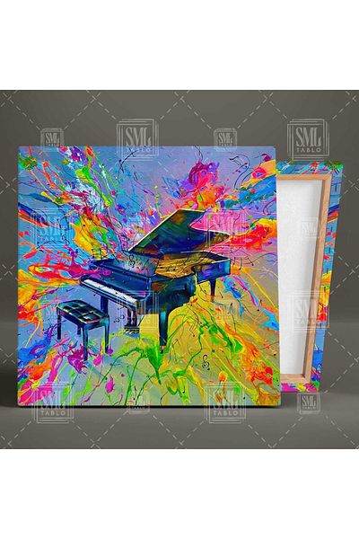 SML TABLO Pian și simboluri muzicale în culorile neon colorate Instrument muzical Pictură pătrată pe pânză