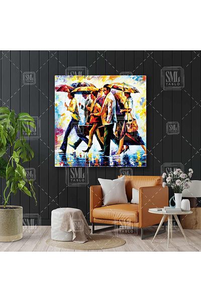 SML TABLO Oameni care împinge ploaia cu un umbrelă Brush Traces Square Canvas Painting