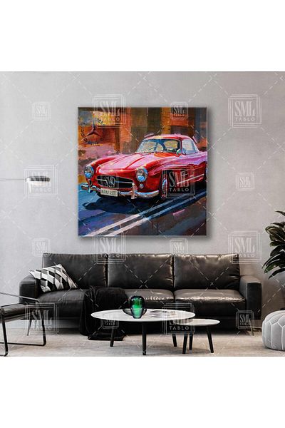 SML TABLO Efect de vopsea în ulei pentru mașină clasică roșie Mercedes Benz 300 Sl Pictură pătrată pe pânză