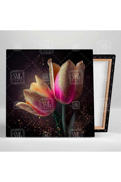 SML TABLO Pink Tulip Gold Λεπτομερής Golden Glitters Πολυτελής διακοσμητική τετράγωνη επιτραπέζια ζωγραφική