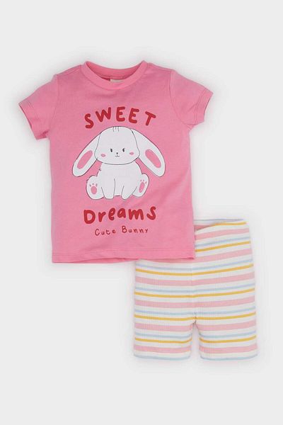 DeFacto Baby Girls Pajama Set Printed Short Sleeve Ribbed Camisole Top with Elastic Waist Striped Shorts E4646A525
