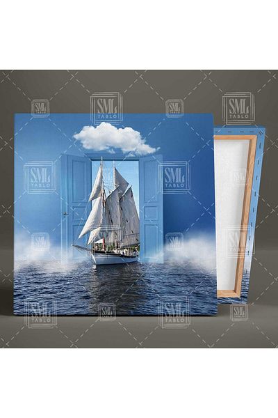 SML TABLO Navă cu vele Deschidere în mare Blue Door Square Canvas Painting