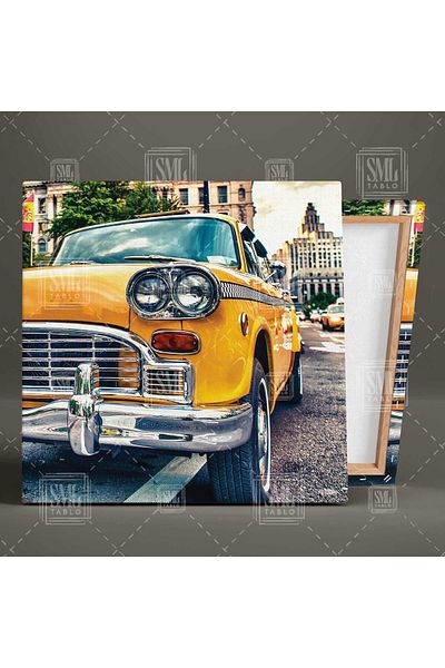 SML TABLO Κίτρινο Nostalgic Car City Life Ταξί Τετράγωνος Πίνακας Καμβά