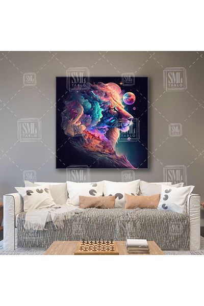 SML TABLO Roz Nori Regele Pădurilor Leu Lună Stele Pictură pe pânză pătrată fantastică