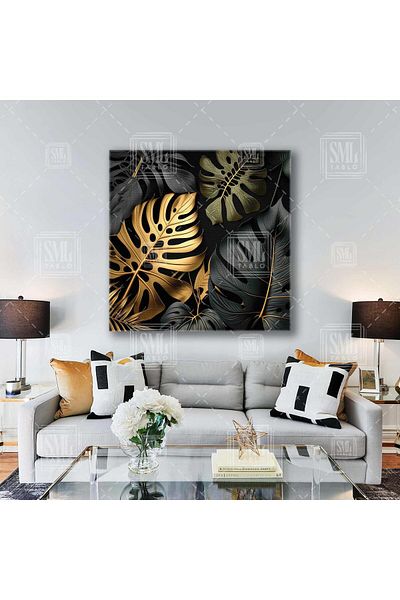 SML TABLO Montsera Leaves Gold Detaliat Nature Decor Pictură pătrată pe pânză