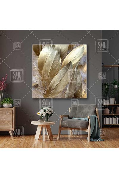 SML TABLO Pictură pătrată pe pânză cu detalii aurii pene de pasăre decor animal