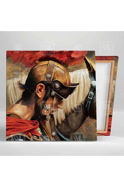 SML TABLO Gladiator Warrior Decor Pătrat Pictură pe pânză cu cască cu pene și cal cu păsărică albă