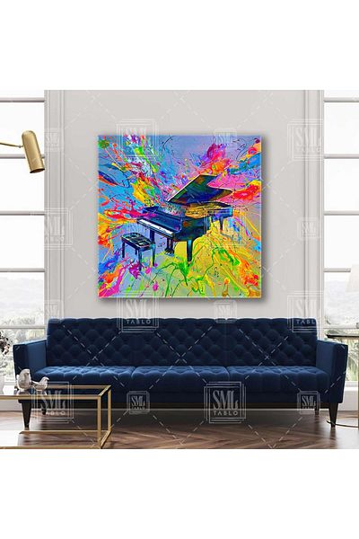 SML TABLO Pian și simboluri muzicale în culorile neon colorate Instrument muzical Pictură pătrată pe pânză