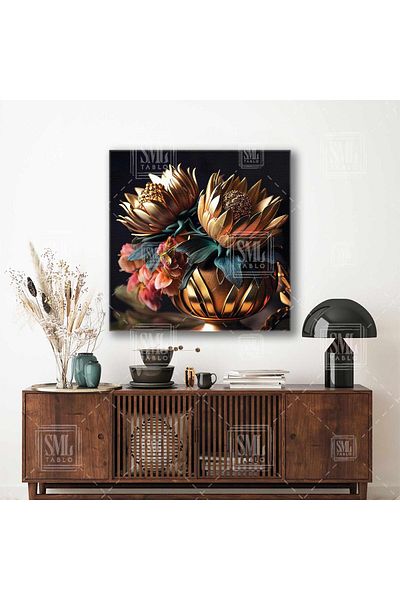 SML TABLO Buchet de flori aurii într-o vază cu detalii aurii Pictură decorativă pătrată pe pânză