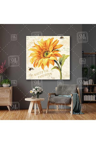 SML TABLO Sunflower Big Flower Bees Vintage Διακοσμητικό Τετράγωνο Πίνακας σε καμβά