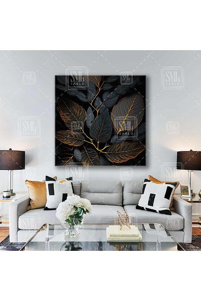 SML TABLO Pictură decorativă pătrată pe pânză cu frunze negre îngropate cu aur