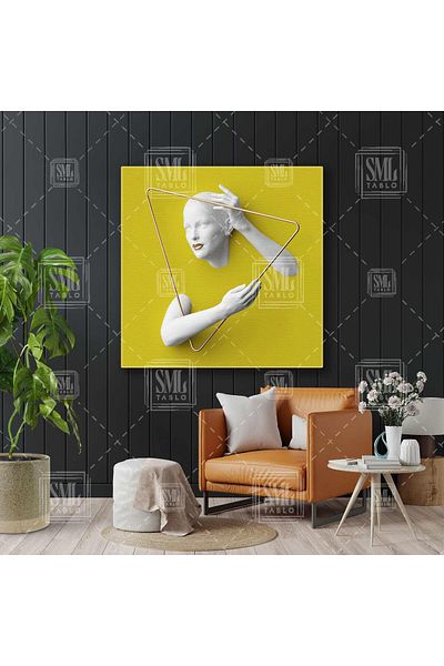 SML TABLO Ramă triunghiulară aurie Fundal galben Pictură decorativă pătrată pe pânză
