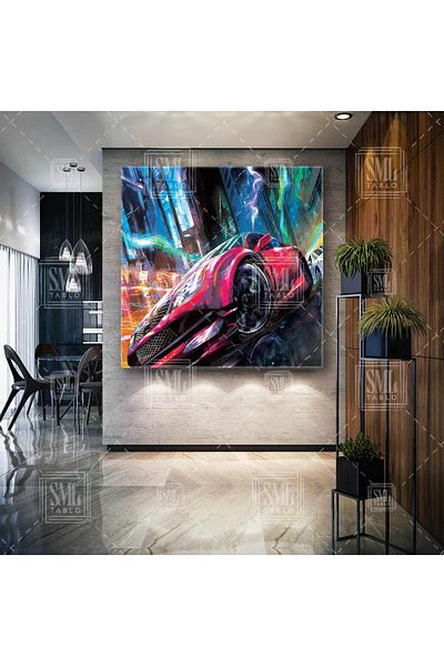 SML TABLO Red Car Street Racing Ilustrație Pictură pătrată pe pânză