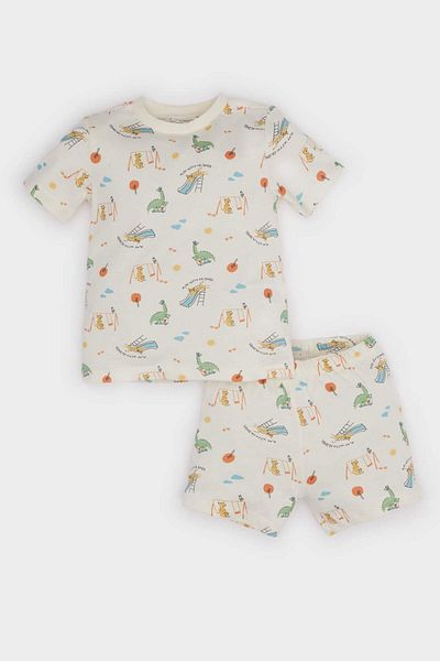 DeFacto Baby Boy Pajama Set Dinosaur Printed Short Sleeve Combed Cotton Top Elastic Waist Shorts E9606A525Sm