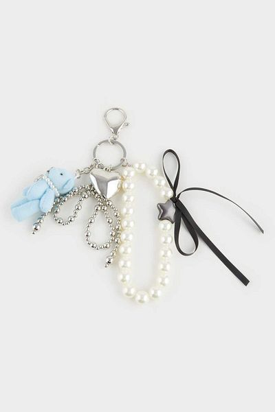DeFacto Women's Teddy Bear and Pearl Charm Keychain E9715Axns
