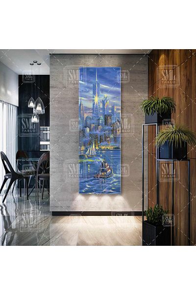 SML TABLO New York City Lights Sailboats Panoramic Vertical Canvas Painting