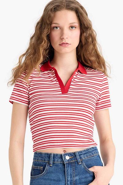 DeFacto Fitted Polo Neck Striped Twill Camisole Short Sleeve T-Shirt E7907Ax25Sm