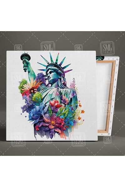 SML TABLO Pictură pe pânză pătrată cu flori în jurul Statuii Libertății din New York