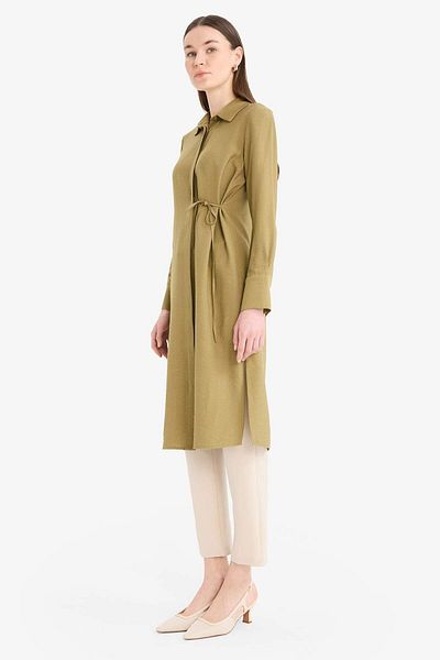 DeFacto Regular Fit Shirt Collar Shirred Long Sleeve Above Knee Length Tunic D9862Ax25Sm