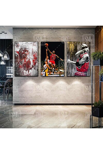 SML TABLO Michael Jordan Art Chicago Bulls Basketbol Kırmızı Forma Nba Üçlü K...