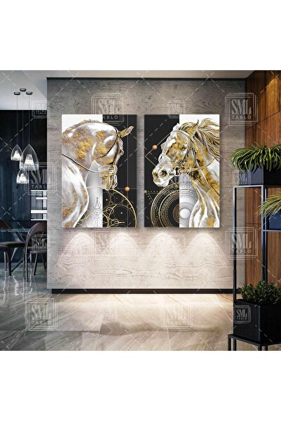 SML TABLO Altın İşlemeli Beyaz At Modern Sanat Dekor İkili Kombin 2 li Set Ka...