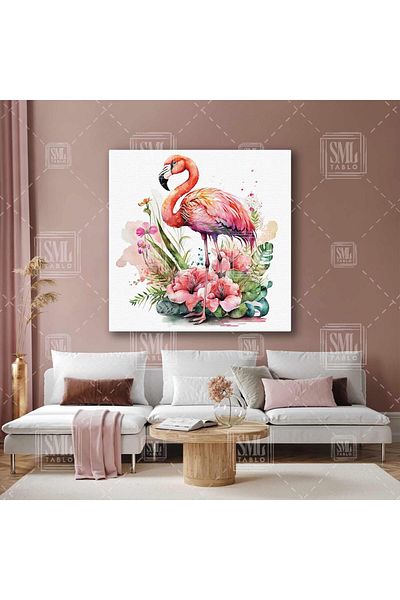 SML TABLO Τροπικά λουλούδια μέσα σε Flamingo Watercolor Effect Τετράγωνος πίνακας σε καμβά