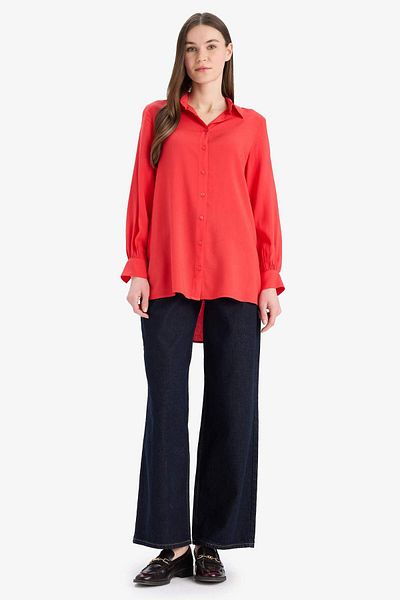 DeFacto Regular Fit Basic Plain Viscose Long Sleeve Shirt Tunic D7352Ax25Sp