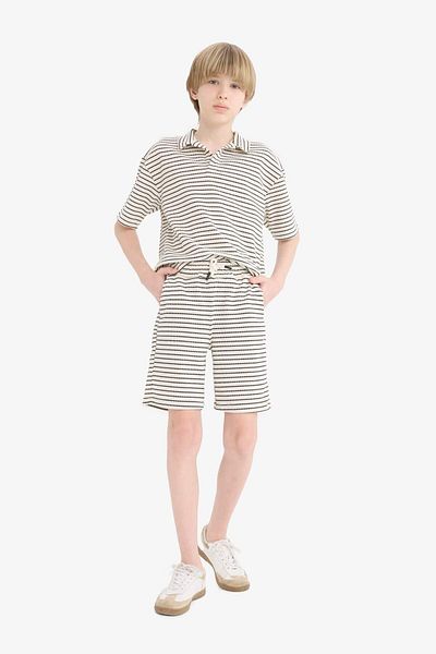 DeFacto Boy's 2 Piece Set Striped Short Sleeve Polo T-Shirt Elastic Waist Shorts C2190A825Hs