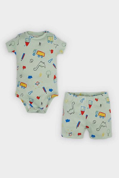 DeFacto Baby Boy Set of 2 Dinosaur Printed Short Sleeve Ribbed Camisole Snap Fastener Body Shorts with Elastic Waist E