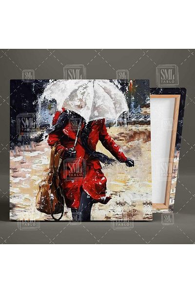 SML TABLO Femeie în pardesiu roșu care merge cu un umbrelă în ploaie Pictură pe pânză pătrată