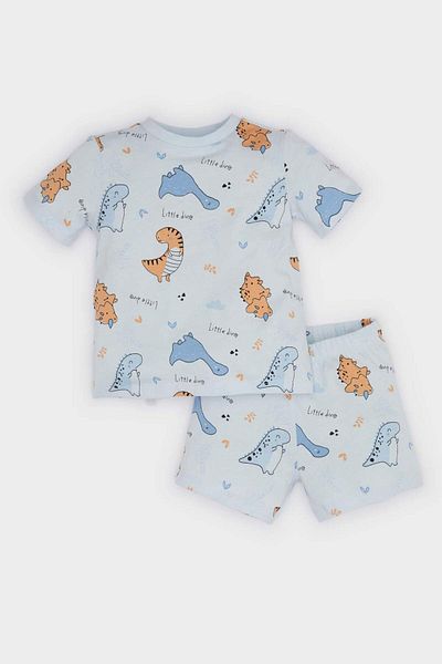 DeFacto Baby Boy Pajama Set Dinosaur Printed Short Sleeve Combed Cotton Top Elastic Waist Shorts E9605A525Sm