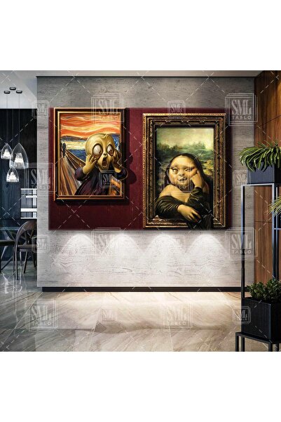 SML TABLO Mona Lisa ve Çığlık Tablosu Komik Karikatürü Yatay Kanvas Tablo