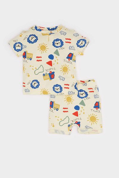 DeFacto Baby Boy 2 Piece Set Lion Printed Waffle Short Sleeve T-Shirt with Stretchy Waist Shorts Bottom E7940A525Sm