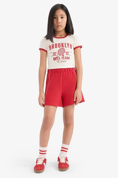 DeFacto Girl's 2-Piece Set Corduroy Camisole Printed Short Sleeve T-Shirt Elastic Waist Shorts E4756A825Hs